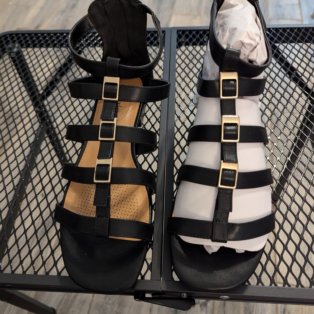 Black zip back sandal with gold detail.